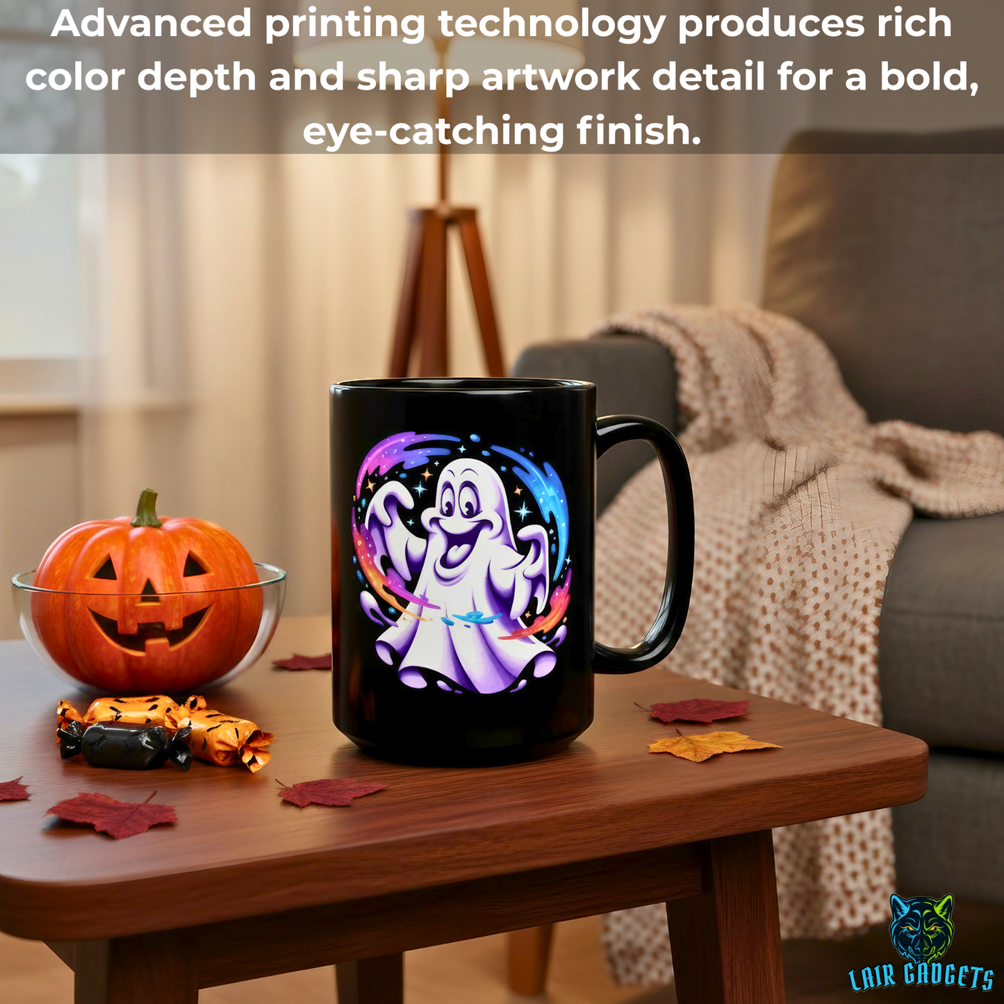 Ghost Mug Cute Halloween Cartoon Design Black 15oz Ceramic