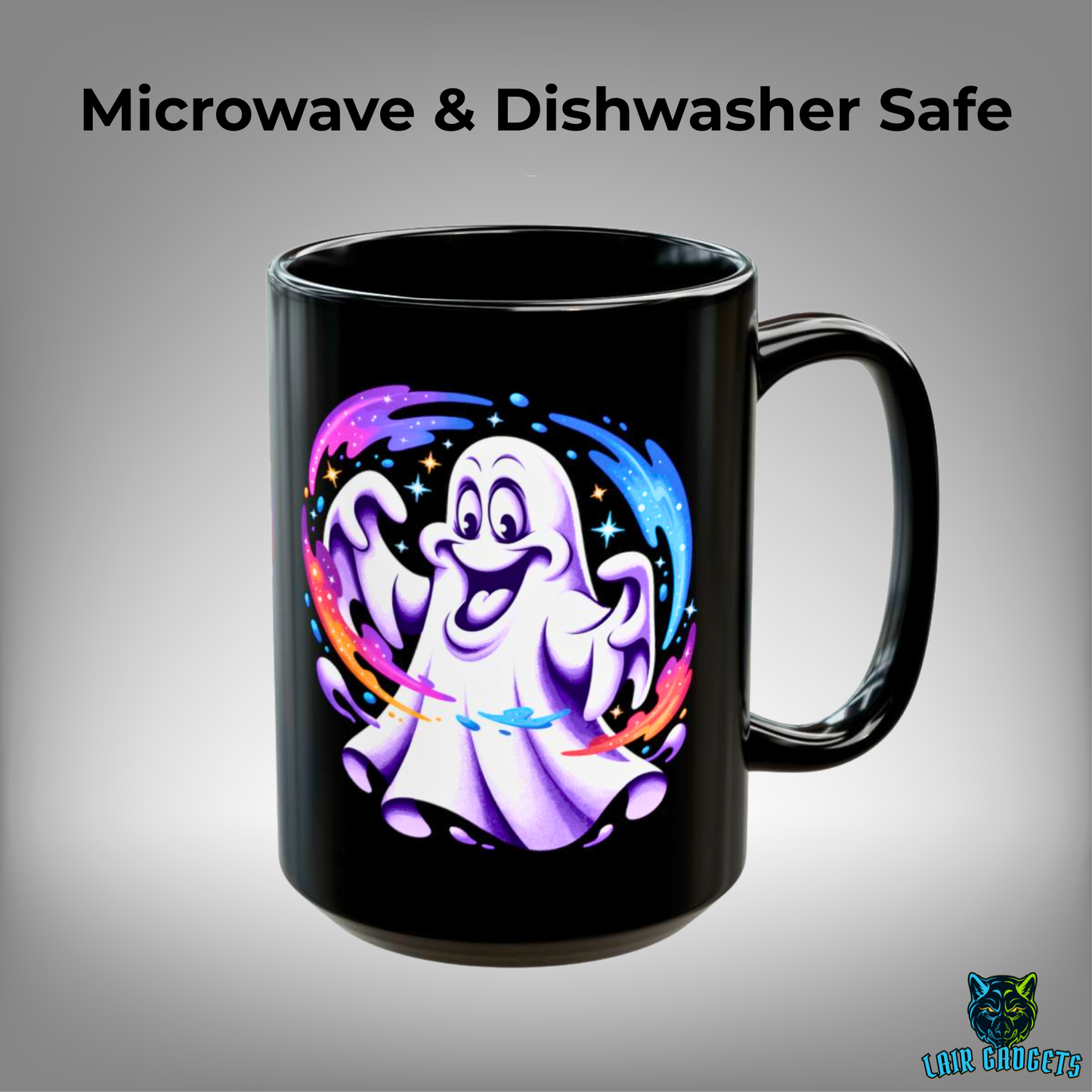 Ghost Mug Cute Halloween Cartoon Design Black 15oz Ceramic