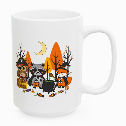 Halloween Animal Mug Cute Woodland Friends White 15oz Ceramic Mug
