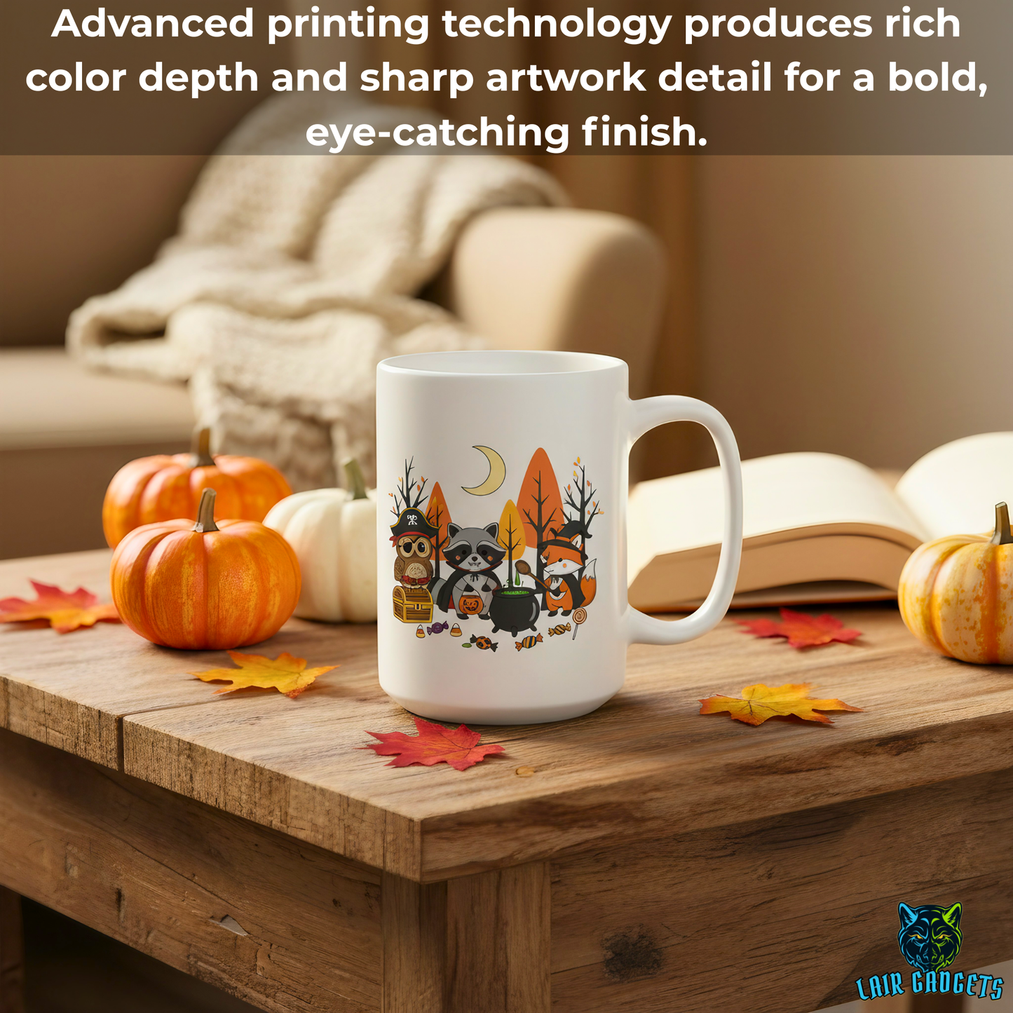 Halloween Animal Mug Cute Woodland Friends White 15oz Ceramic Mug