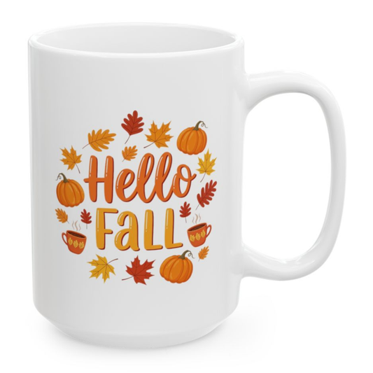 Hello Fall Mug Pumpkin Leaves Coffee Design White 15oz Ceramic