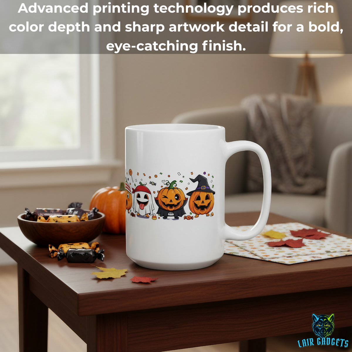 Costumed Pumpkin Friends Coffee Mug – 15oz White Ceramic