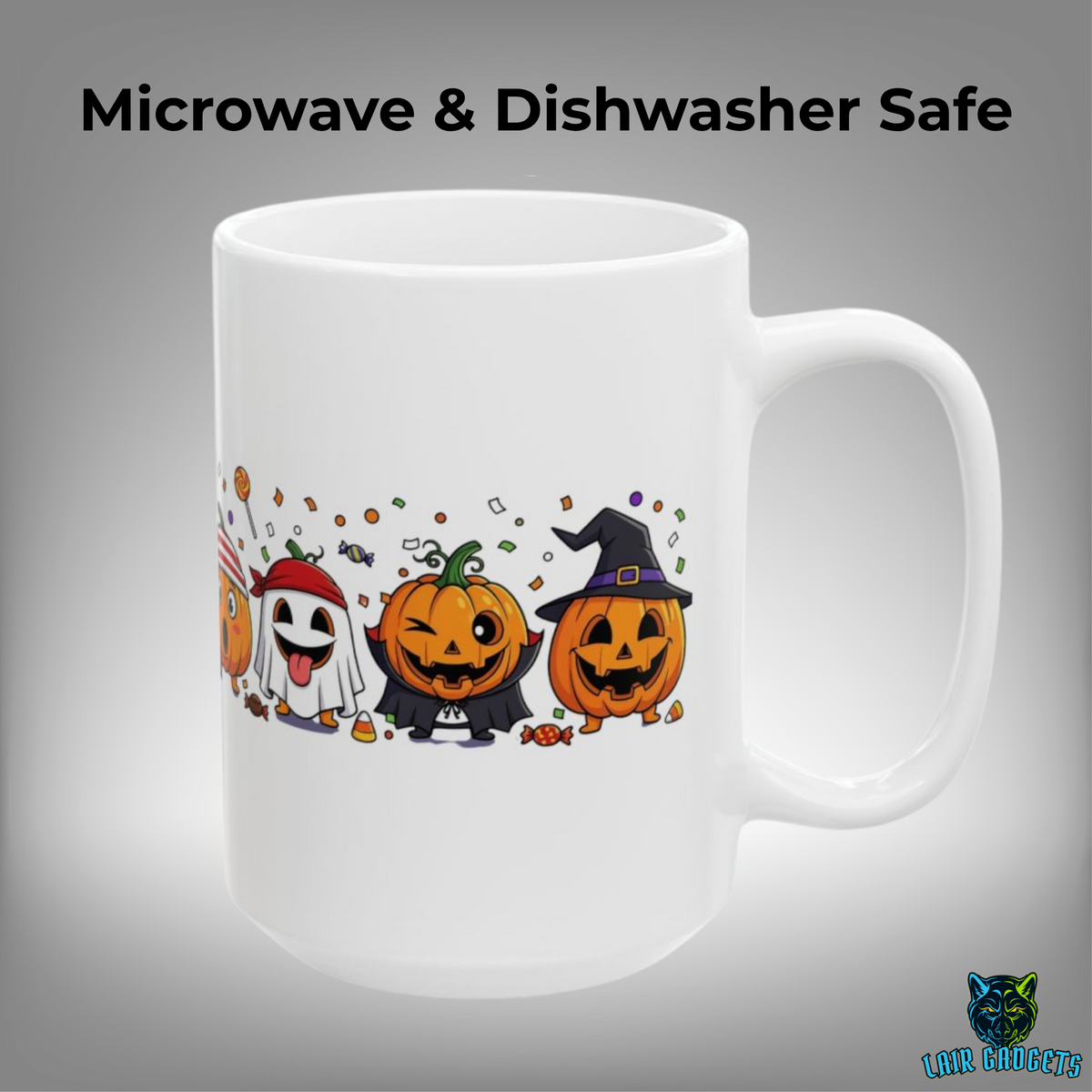 Costumed Pumpkin Friends Coffee Mug – 15oz White Ceramic