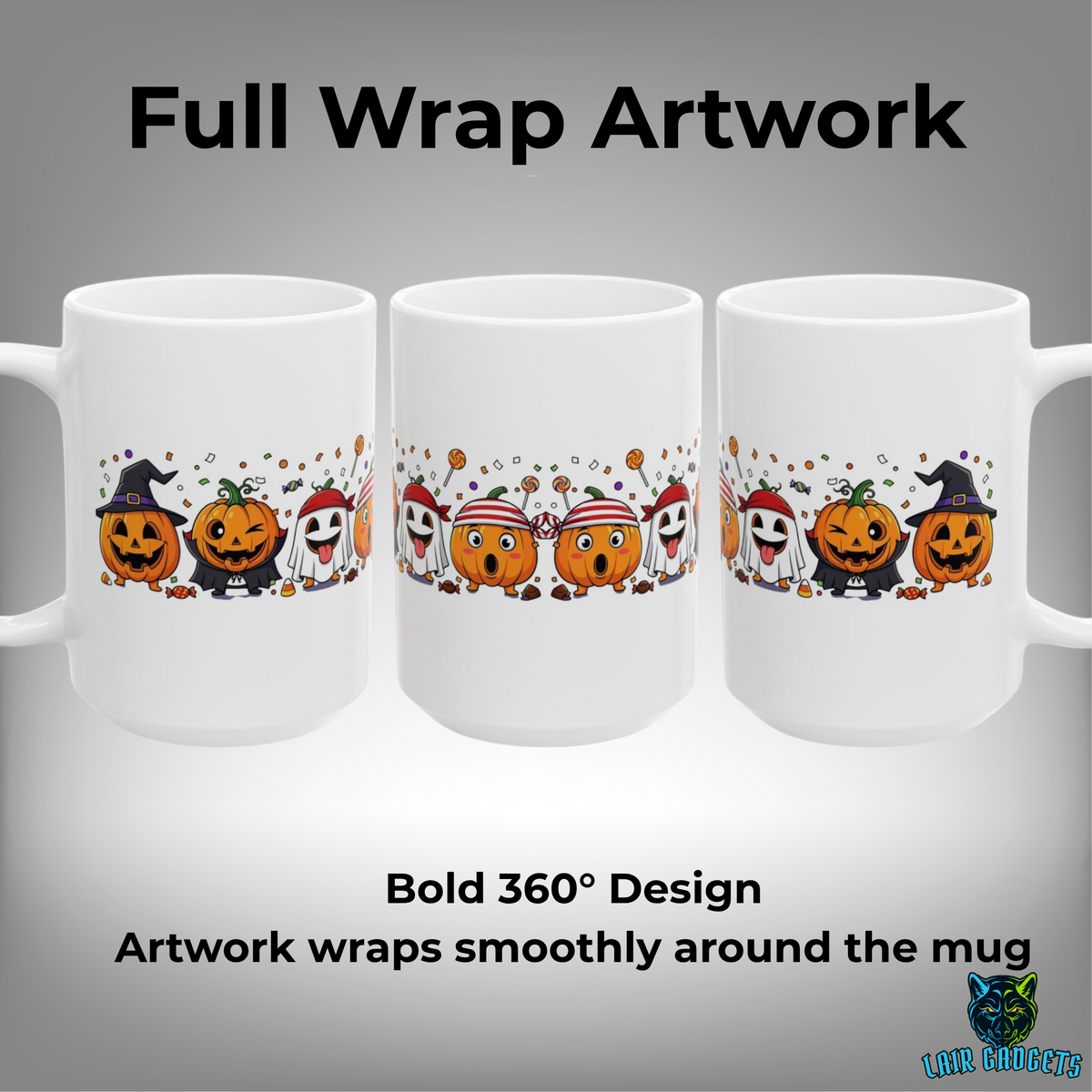 Costumed Pumpkin Friends Coffee Mug – 15oz White Ceramic