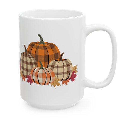 Plaid Pumpkin Mug Fall Harvest Design White 15oz Ceramic