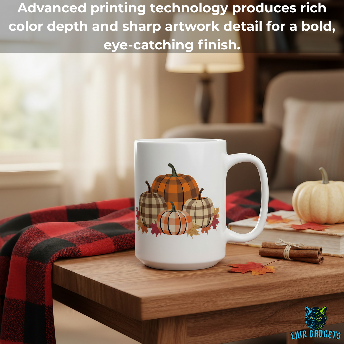 Plaid Pumpkin Mug Fall Harvest Design White 15oz Ceramic