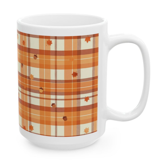 Fall Plaid Mug Autumn Leaves Acorns White 15oz Ceramic