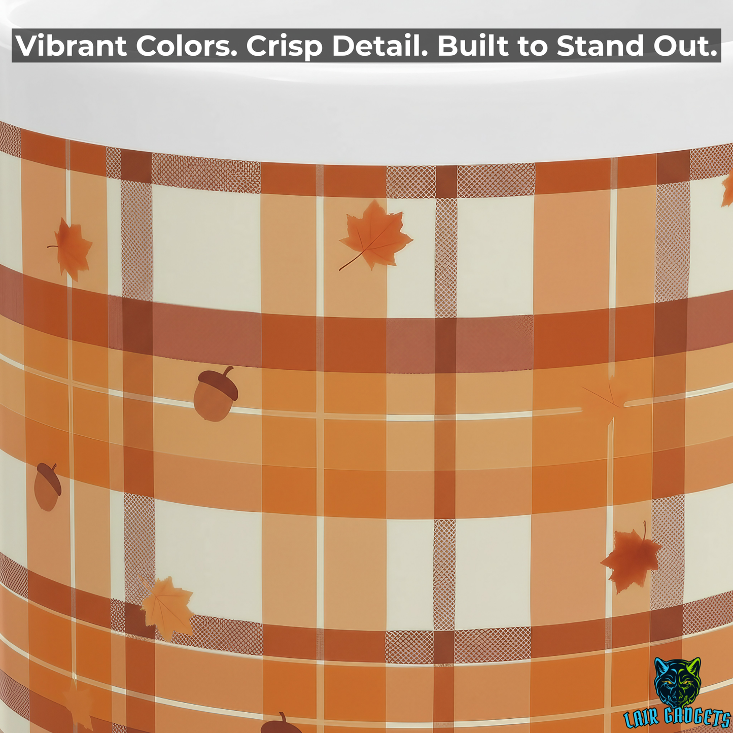 Fall Plaid Mug Autumn Leaves Acorns White 15oz Ceramic