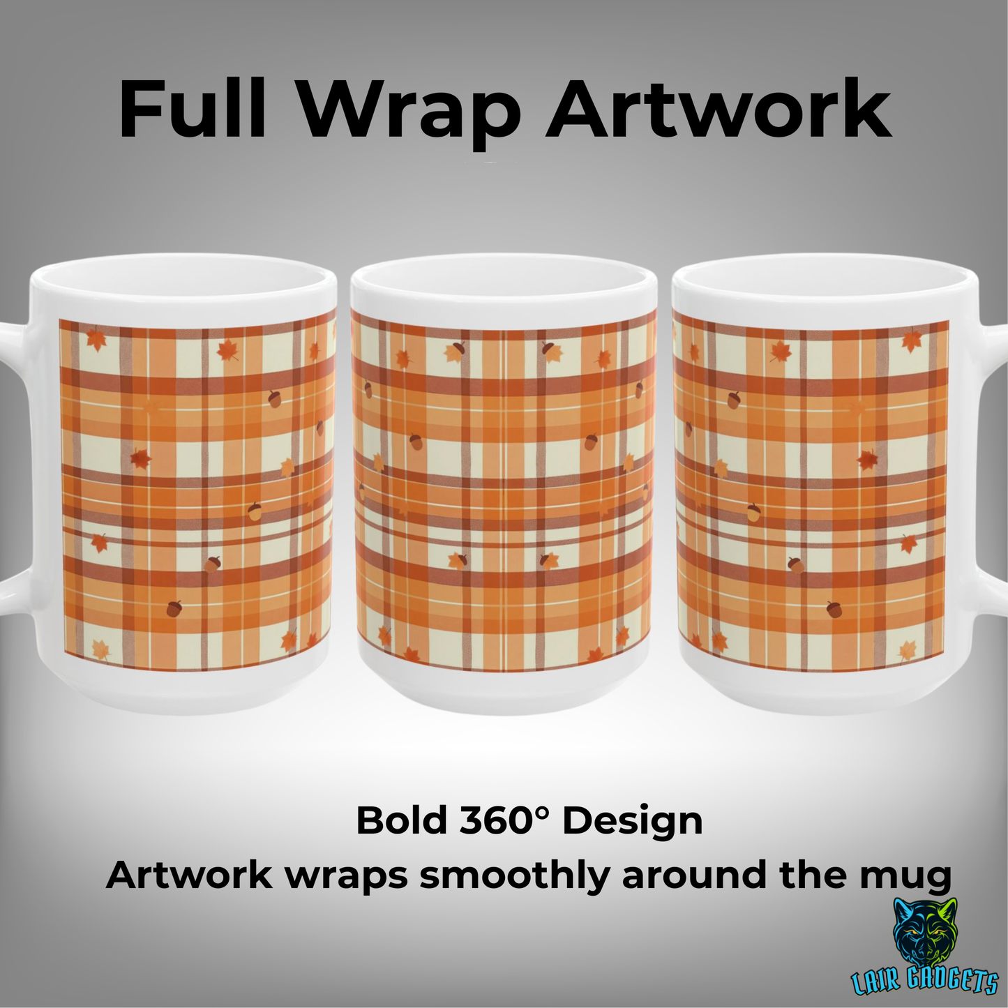 Fall Plaid Mug Autumn Leaves Acorns White 15oz Ceramic
