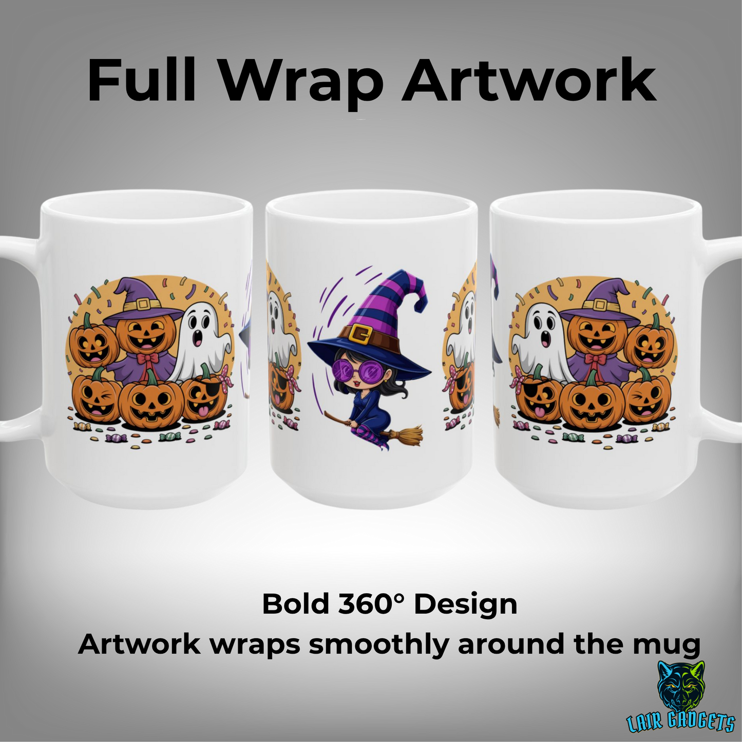Halloween Witch Mug Cute Ghost Pumpkin Wrap White 15oz Ceramic