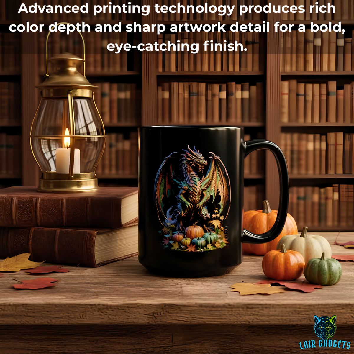 Fantasy Dragon Mug Autumn Harvest Black Ceramic Coffee Cup 15oz