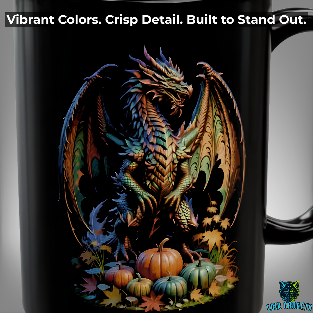 Fantasy Dragon Mug Autumn Harvest Black Ceramic Coffee Cup 15oz