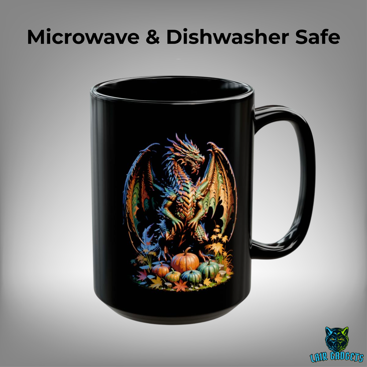 Fantasy Dragon Mug Autumn Harvest Black Ceramic Coffee Cup 15oz