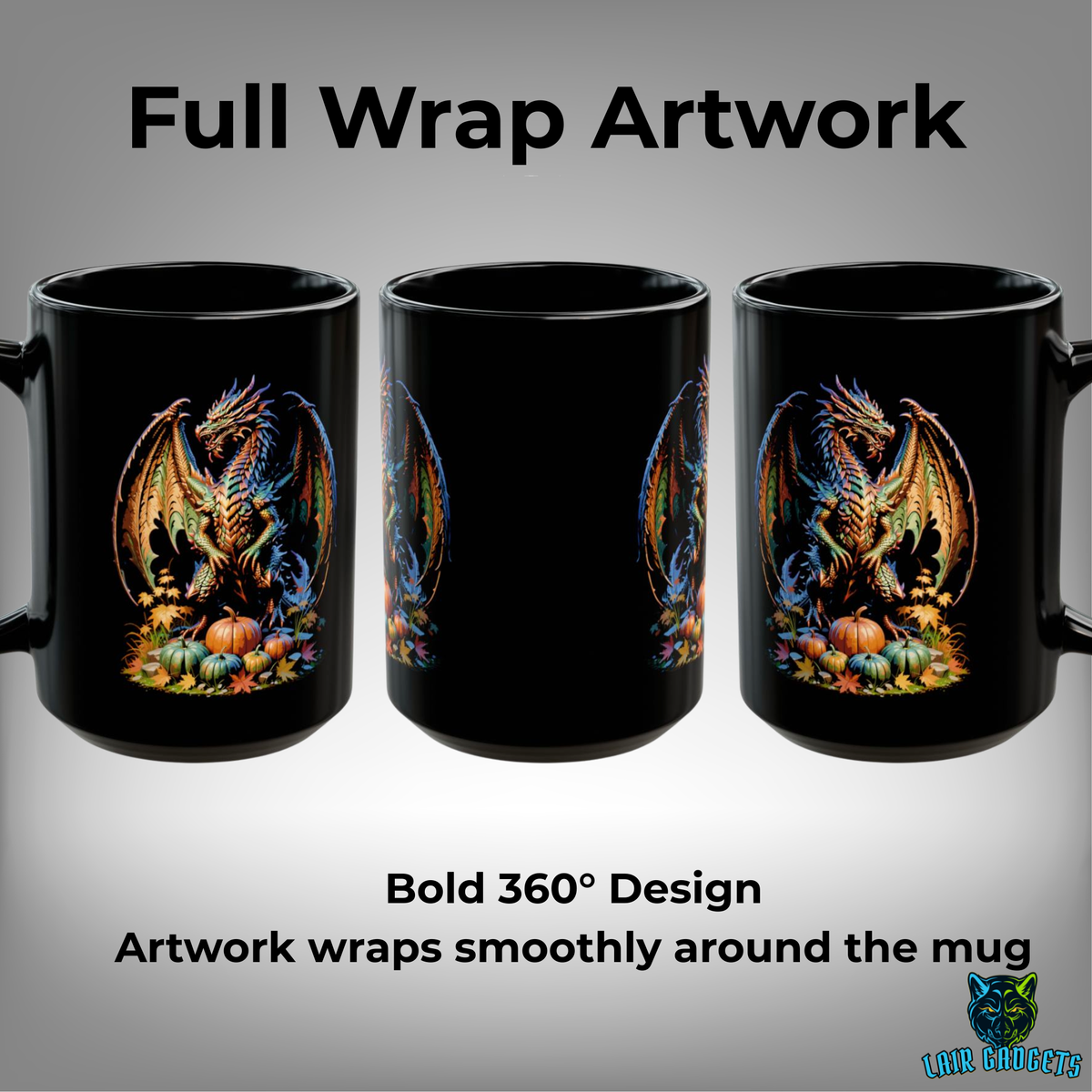 Fantasy Dragon Mug Autumn Harvest Black Ceramic Coffee Cup 15oz