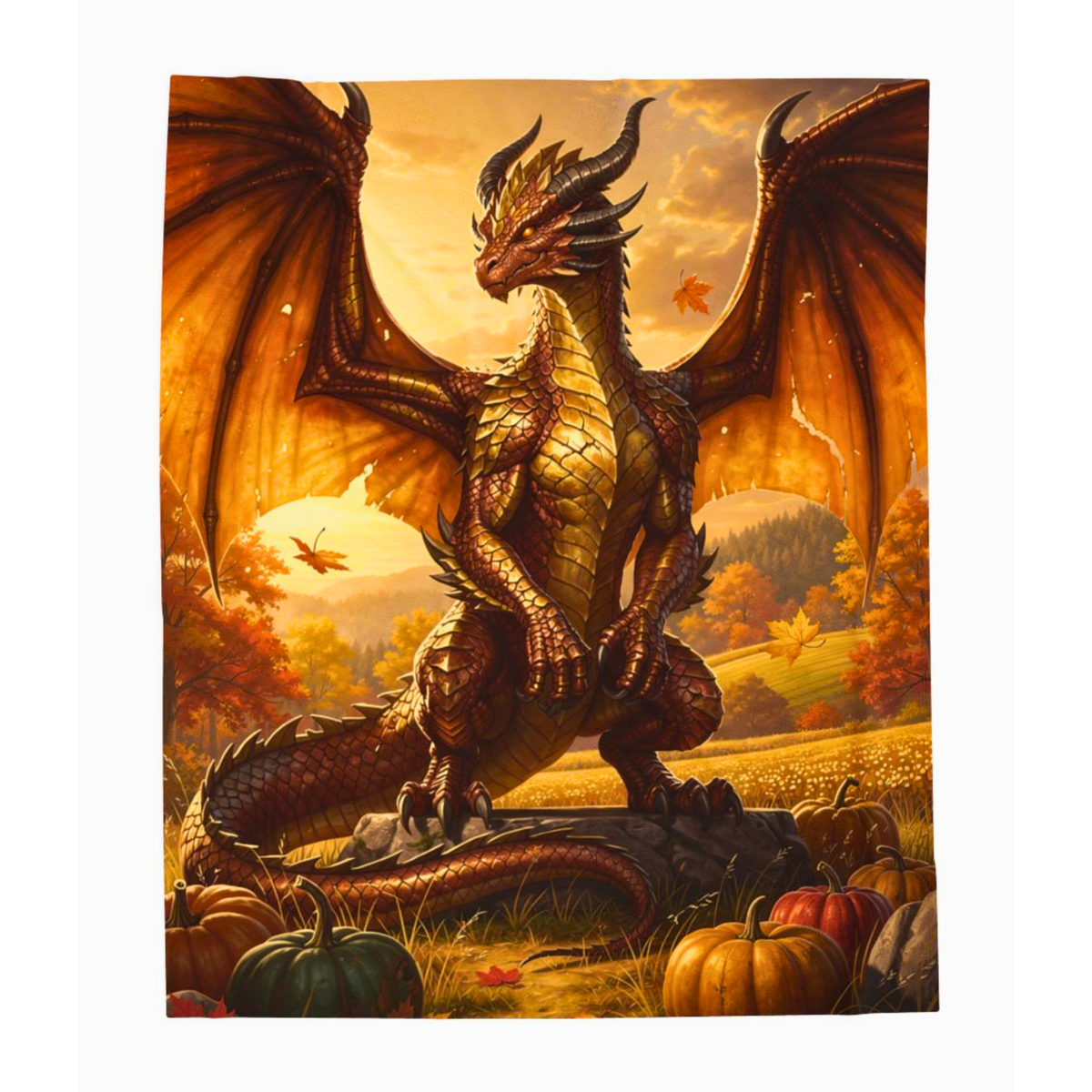 Bronze Dragon Autumn Harvest Plush Throw Blanket Fantasy Decor
