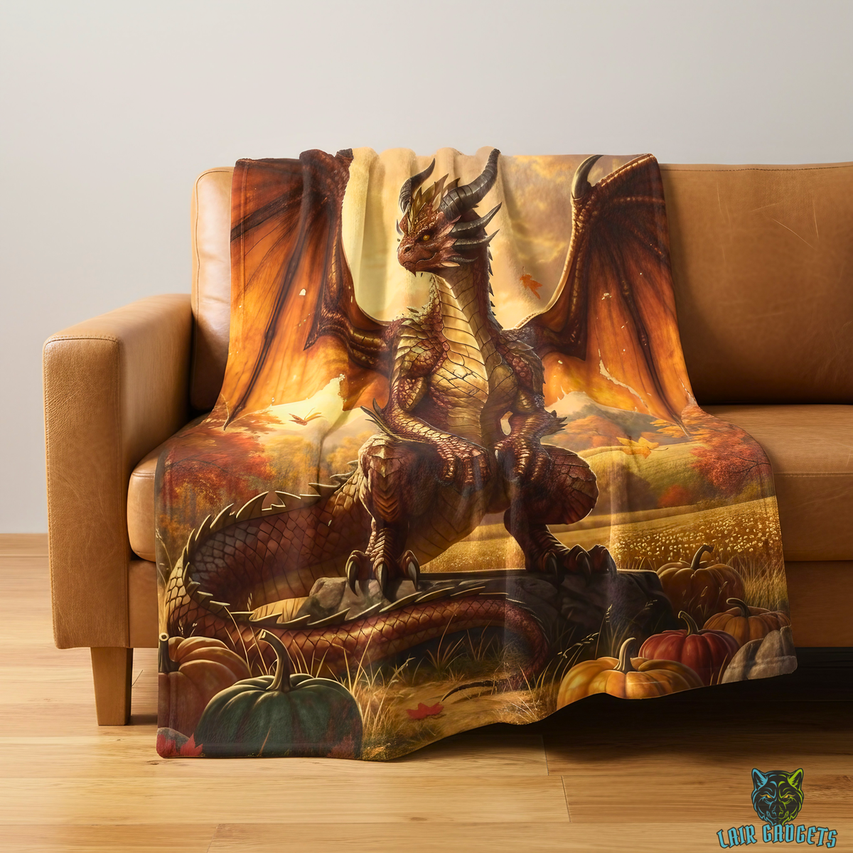 Bronze Dragon Autumn Harvest Plush Throw Blanket Fantasy Decor