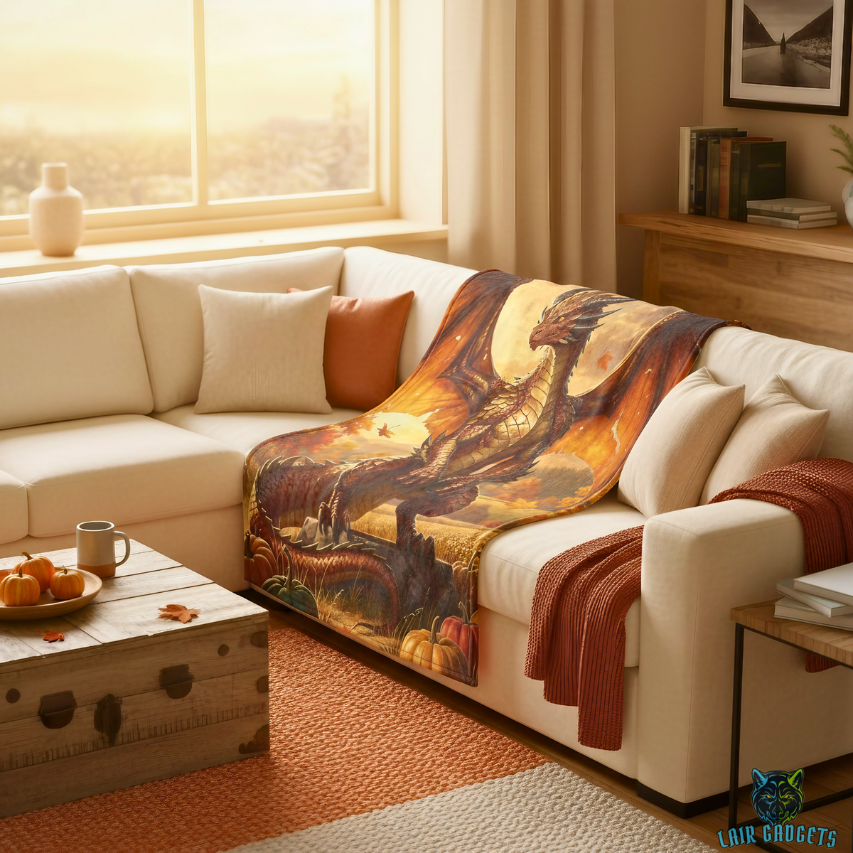 Bronze Dragon Autumn Harvest Plush Throw Blanket Fantasy Decor
