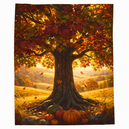 Autumn Oak Tree Pumpkin Countryside Plush Throw Blanket Fall Decor