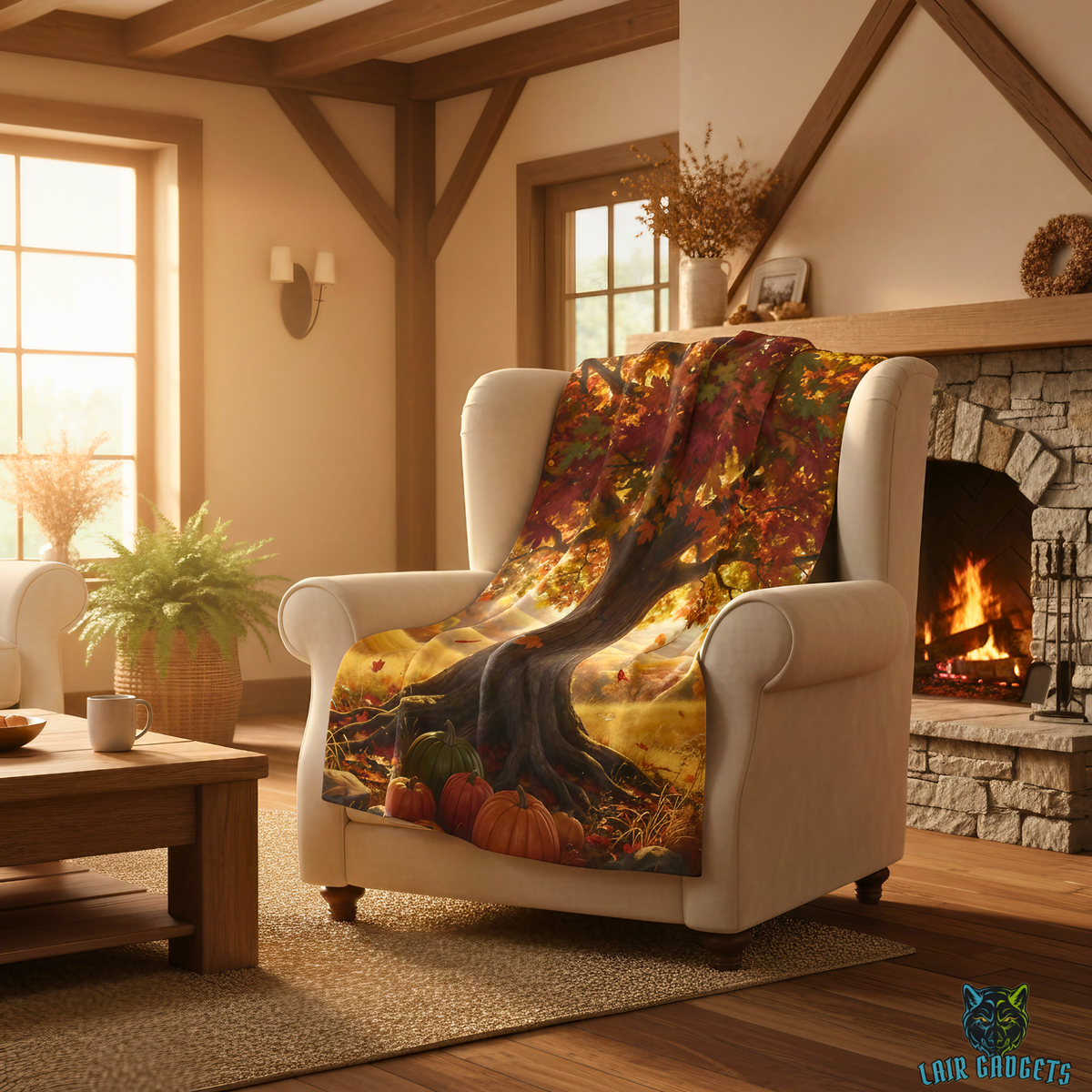Autumn Oak Tree Pumpkin Countryside Plush Throw Blanket Fall Decor
