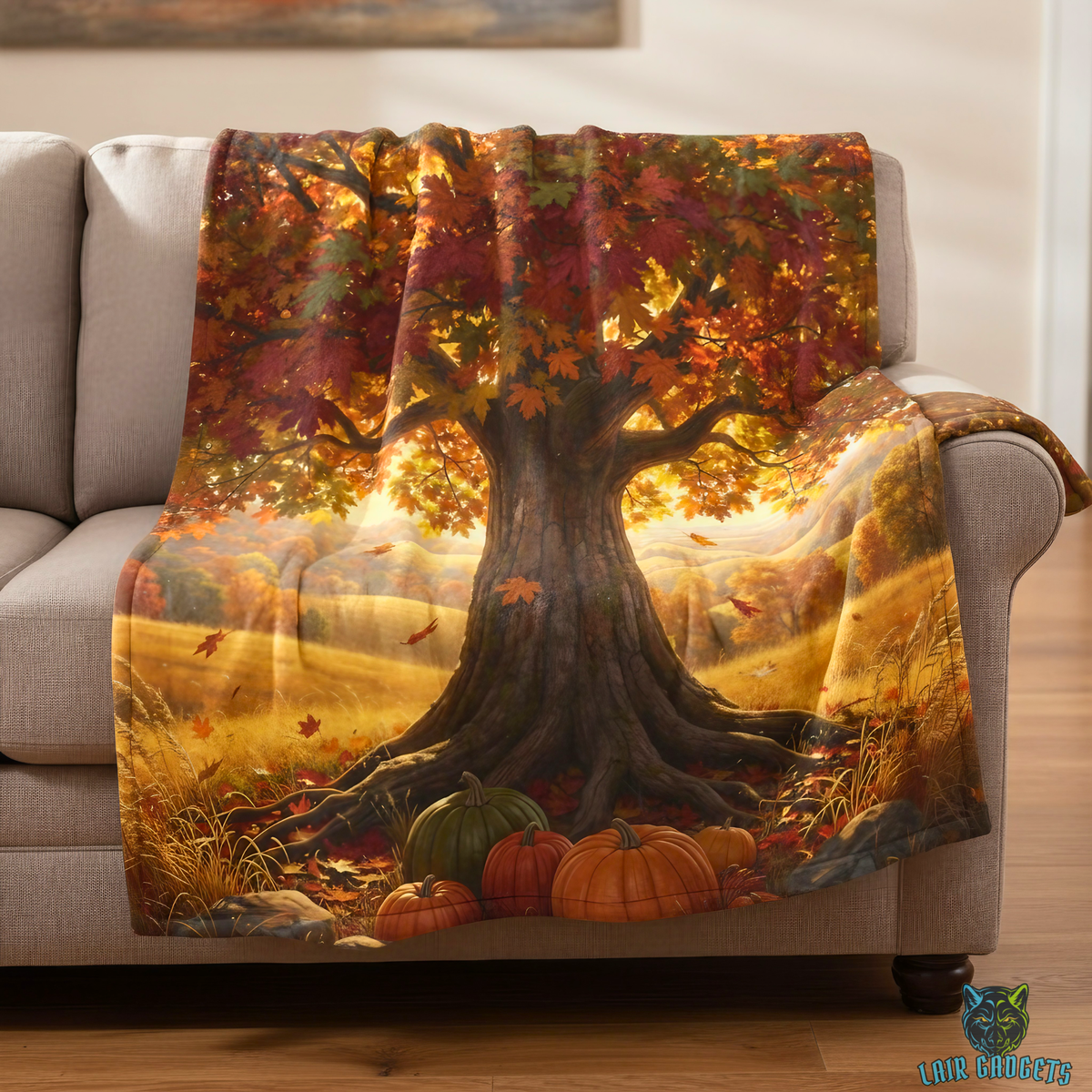 Autumn Oak Tree Pumpkin Countryside Plush Throw Blanket Fall Decor