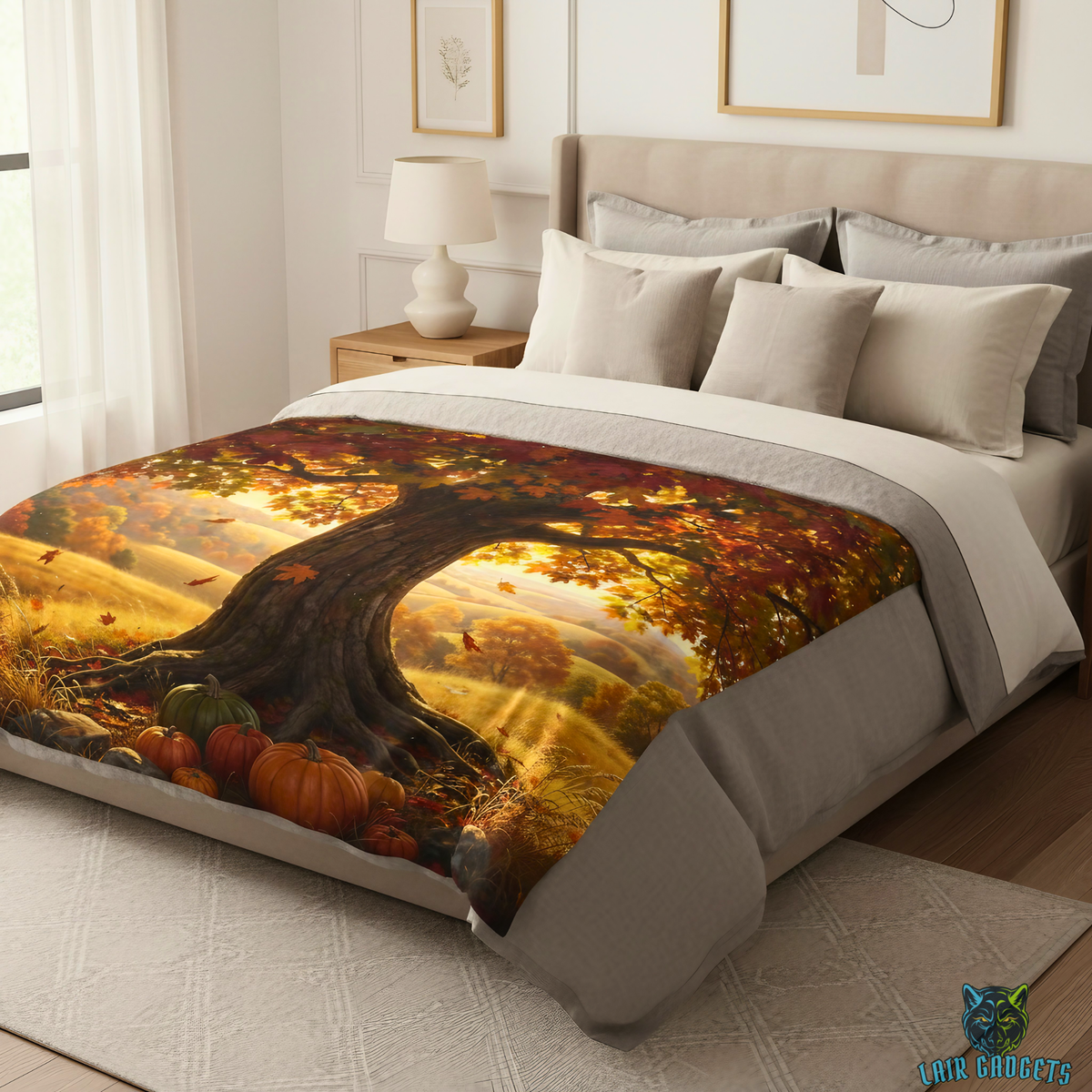 Autumn Oak Tree Pumpkin Countryside Plush Throw Blanket Fall Decor