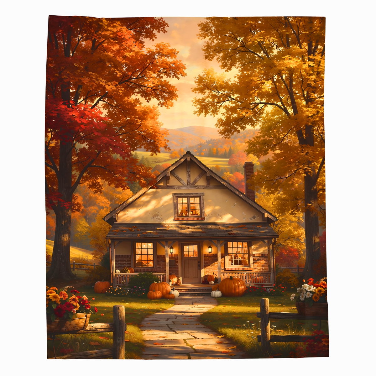 Autumn Cottage Pumpkin Pathway Plush Throw Blanket Fall Decor