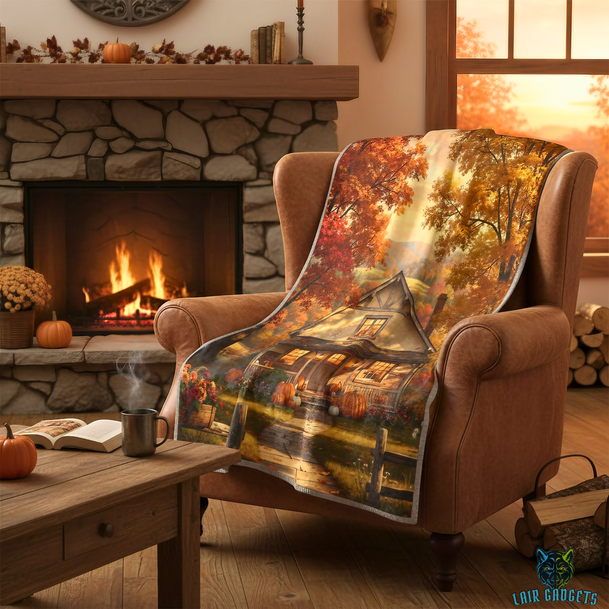 Autumn Cottage Pumpkin Pathway Plush Throw Blanket Fall Decor