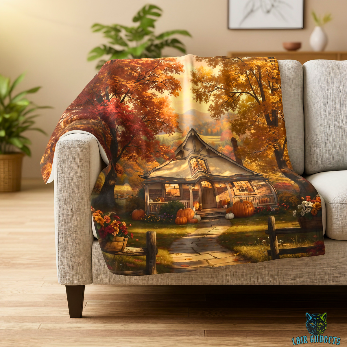 Autumn Cottage Pumpkin Pathway Plush Throw Blanket Fall Decor