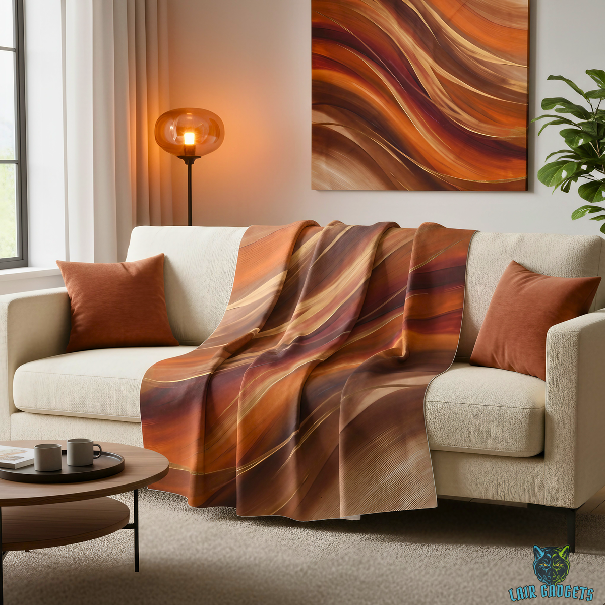 Abstract Rust Copper Wave Plush Throw Blanket Modern Art Decor