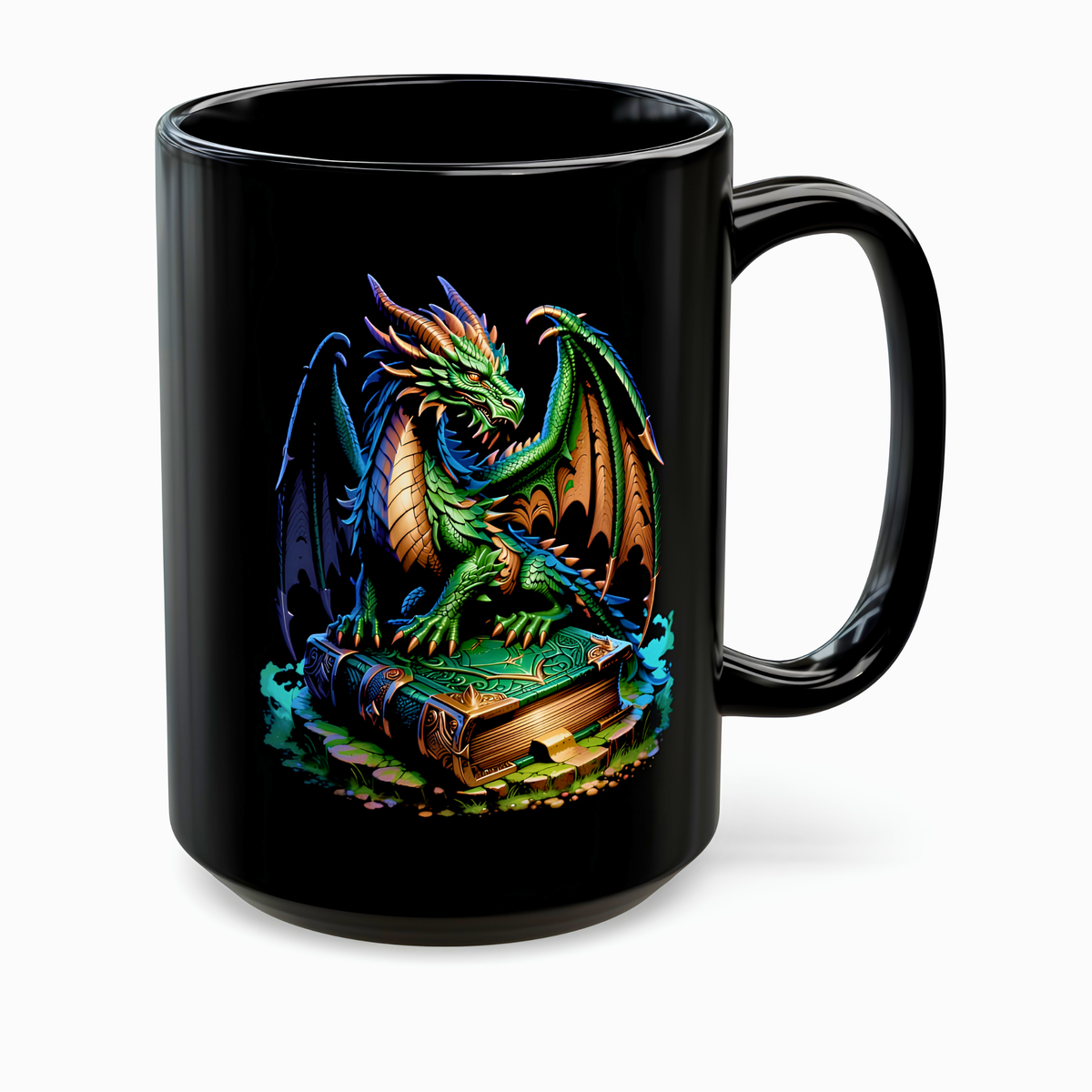 Green Dragon Spellbook Coffee Mug – 15oz Black Ceramic