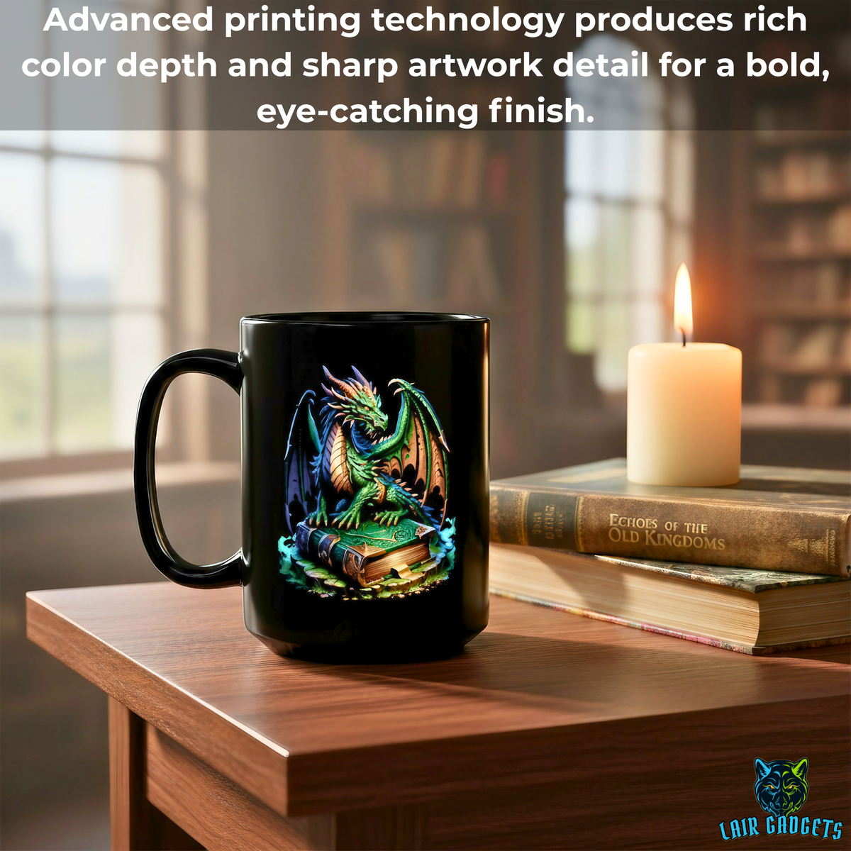 Green Dragon Spellbook Coffee Mug – 15oz Black Ceramic