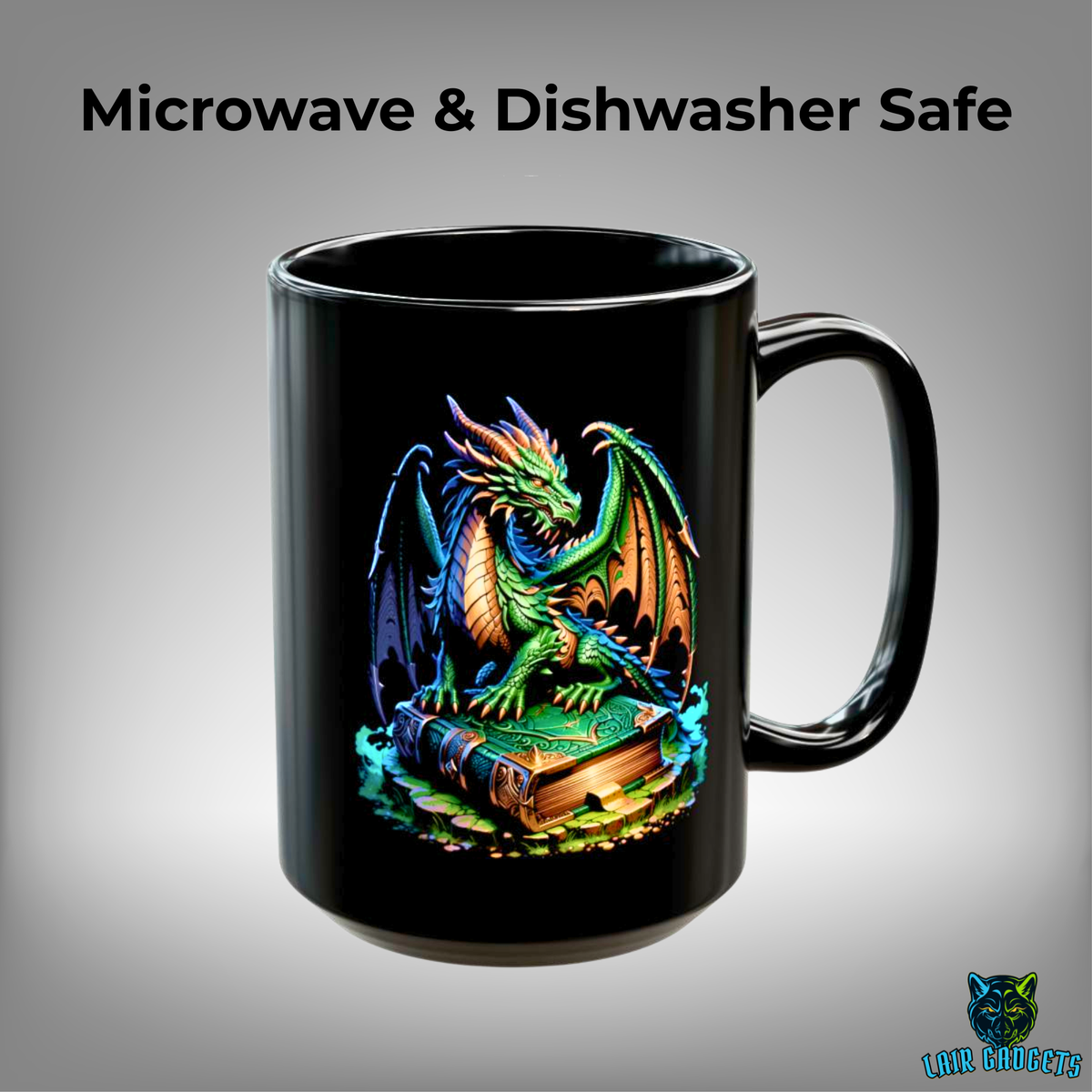 Green Dragon Spellbook Coffee Mug – 15oz Black Ceramic