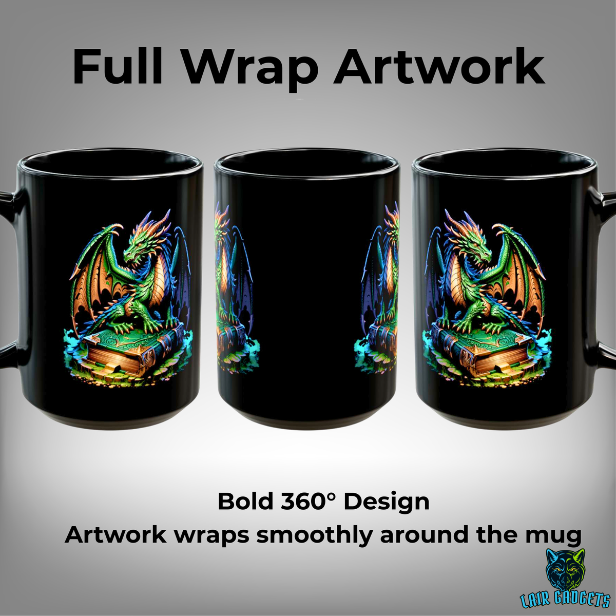 Green Dragon Spellbook Coffee Mug – 15oz Black Ceramic