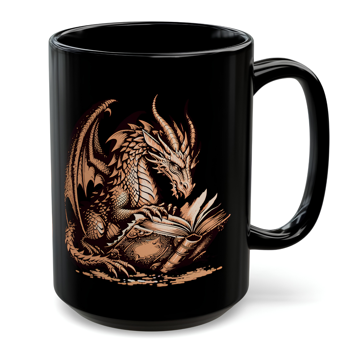 Copper Dragon Reading Coffee Mug – 15oz Black Ceramic
