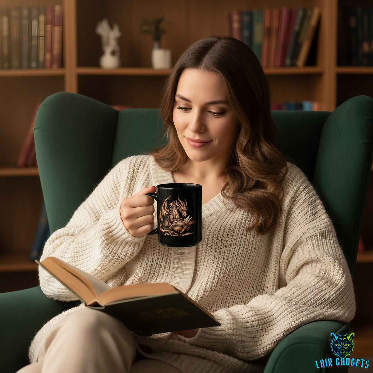 Copper Dragon Reading Coffee Mug – 15oz Black Ceramic