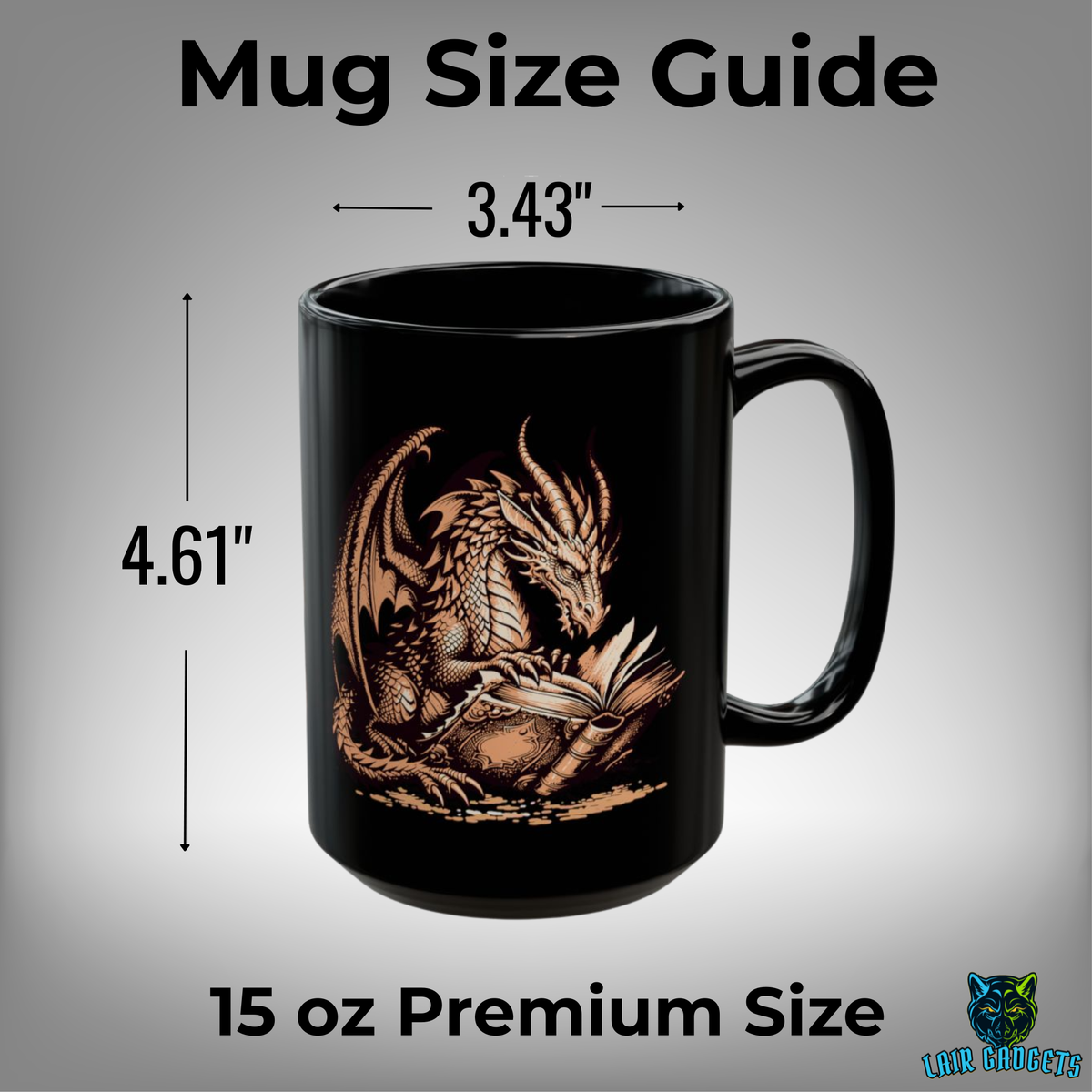 Copper Dragon Reading Coffee Mug – 15oz Black Ceramic