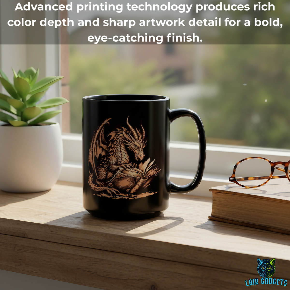 Copper Dragon Reading Coffee Mug – 15oz Black Ceramic