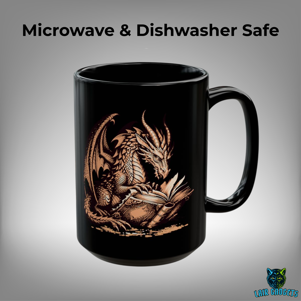 Copper Dragon Reading Coffee Mug – 15oz Black Ceramic
