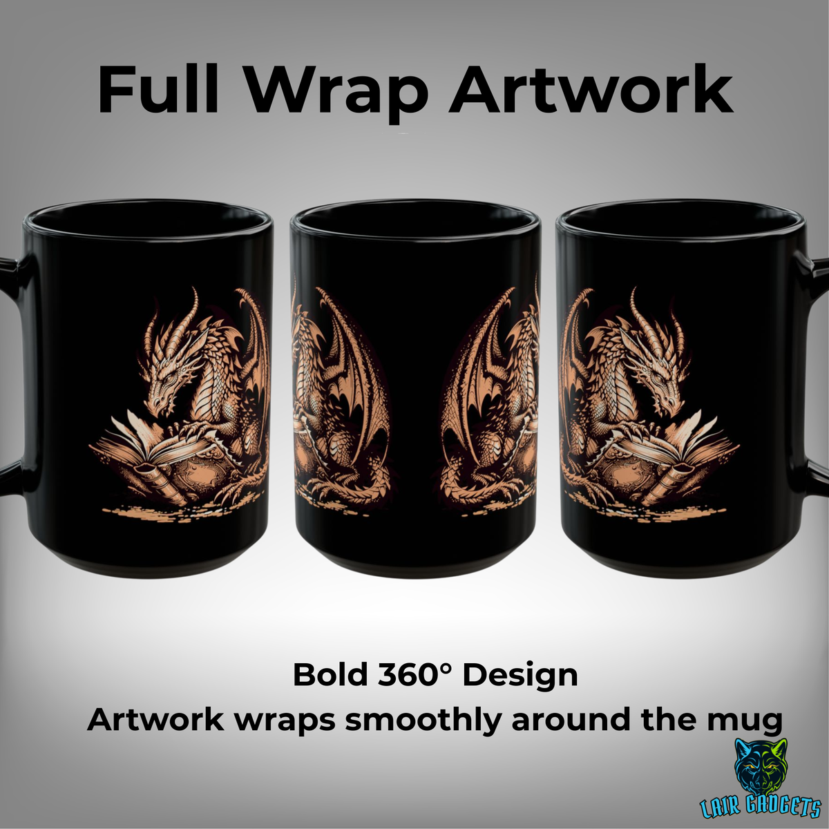 Copper Dragon Reading Coffee Mug – 15oz Black Ceramic