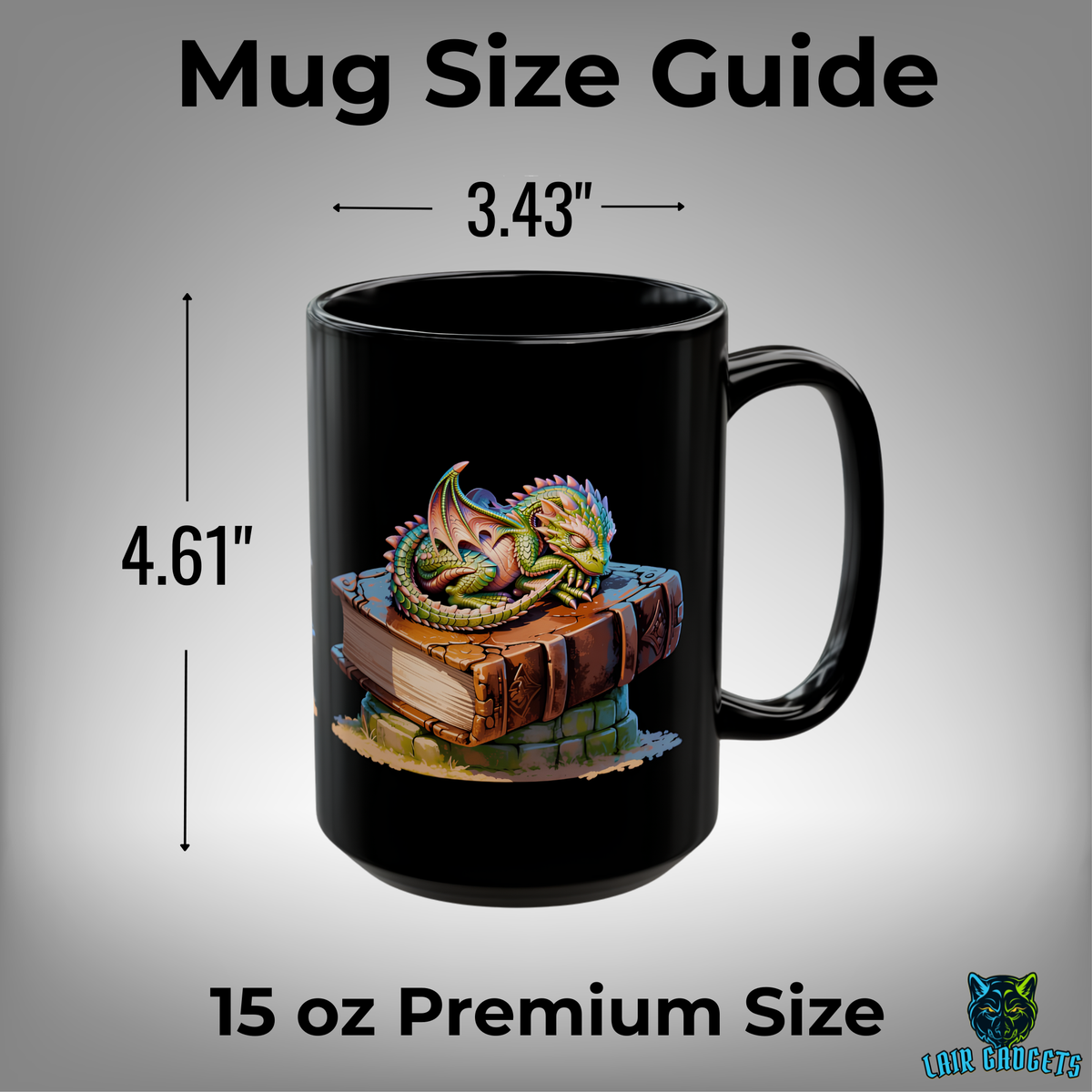 Sleeping Baby Dragon Book Coffee Mug – 15oz Black Ceramic