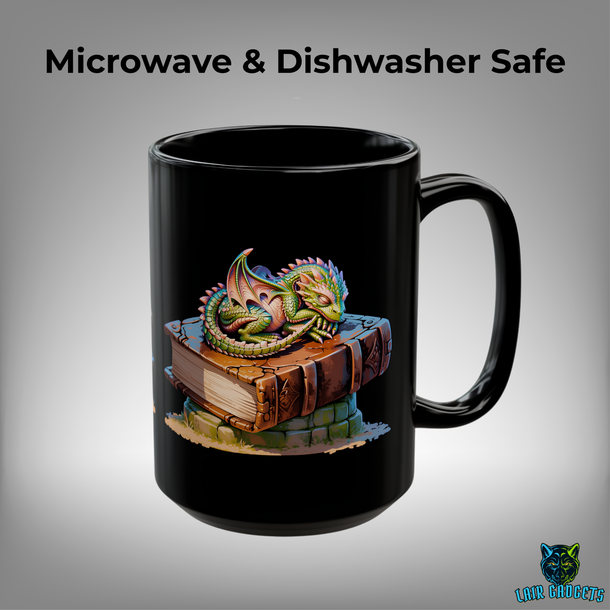 Sleeping Baby Dragon Book Coffee Mug – 15oz Black Ceramic