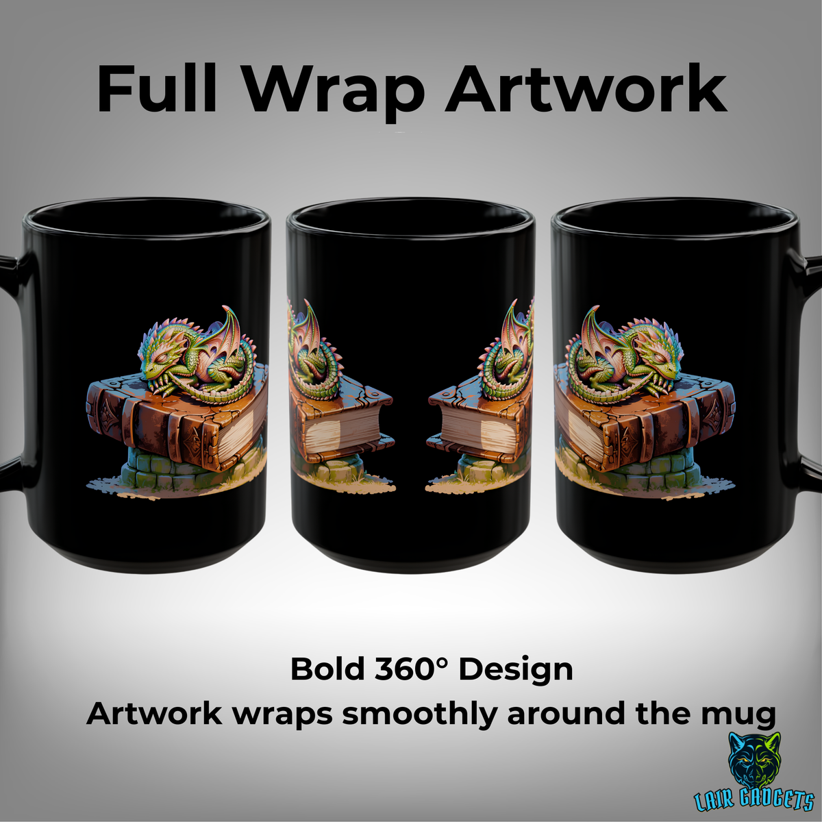 Sleeping Baby Dragon Book Coffee Mug – 15oz Black Ceramic