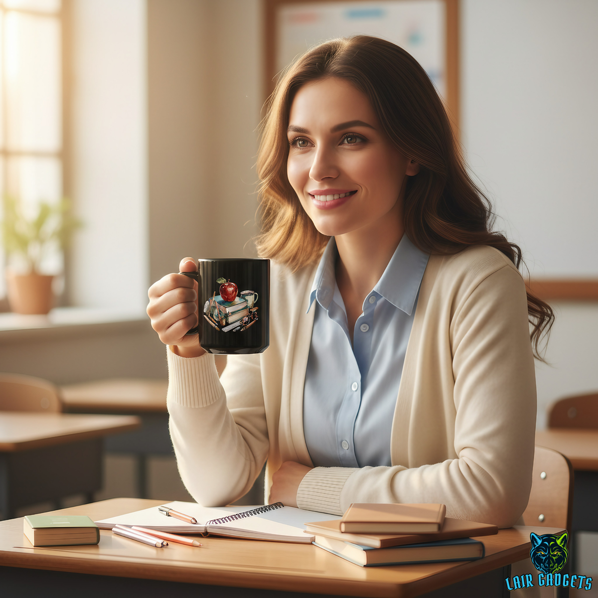 Watercolor Apple and Books Teacher Mug – 15oz Black Ceramic