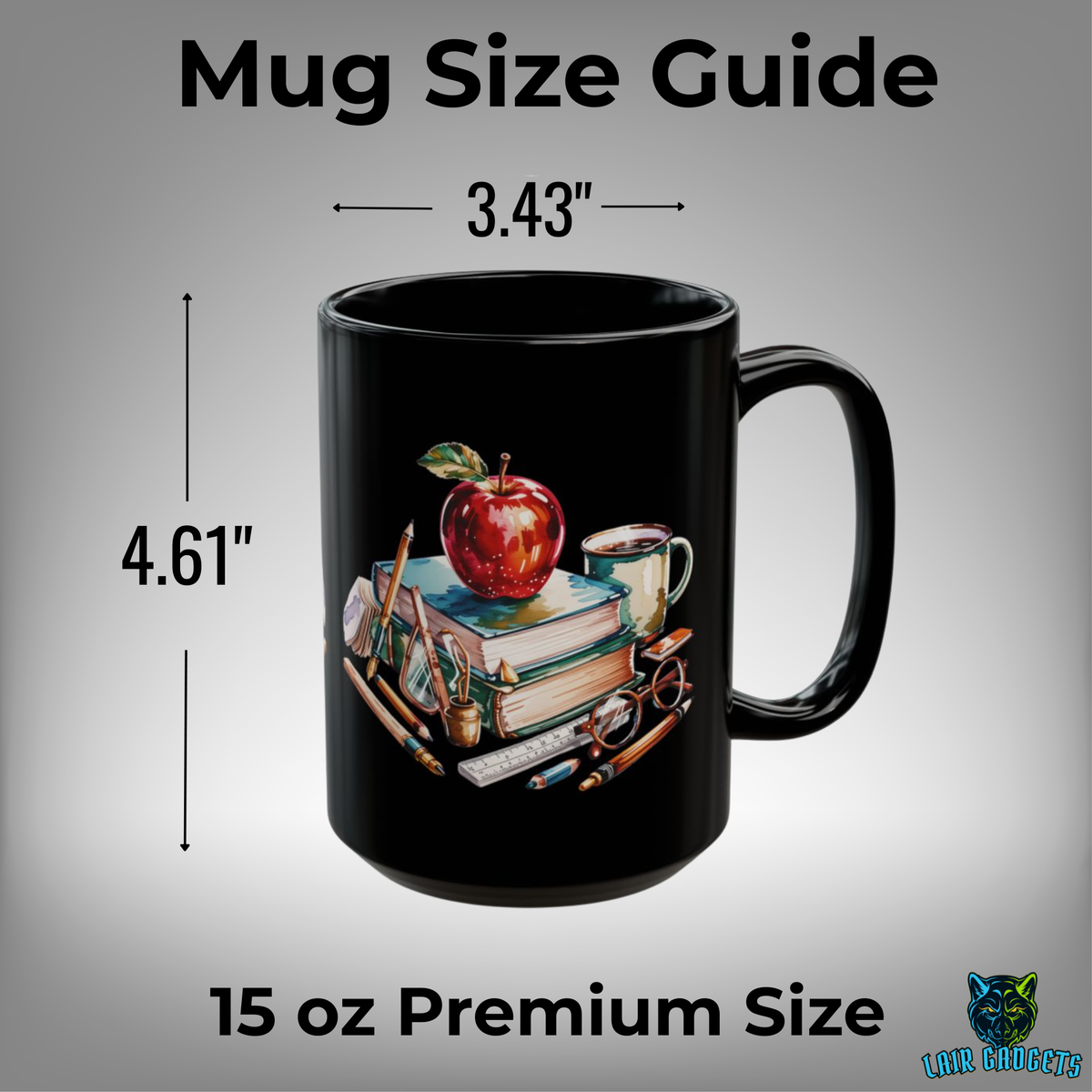 Watercolor Apple and Books Teacher Mug – 15oz Black Ceramic