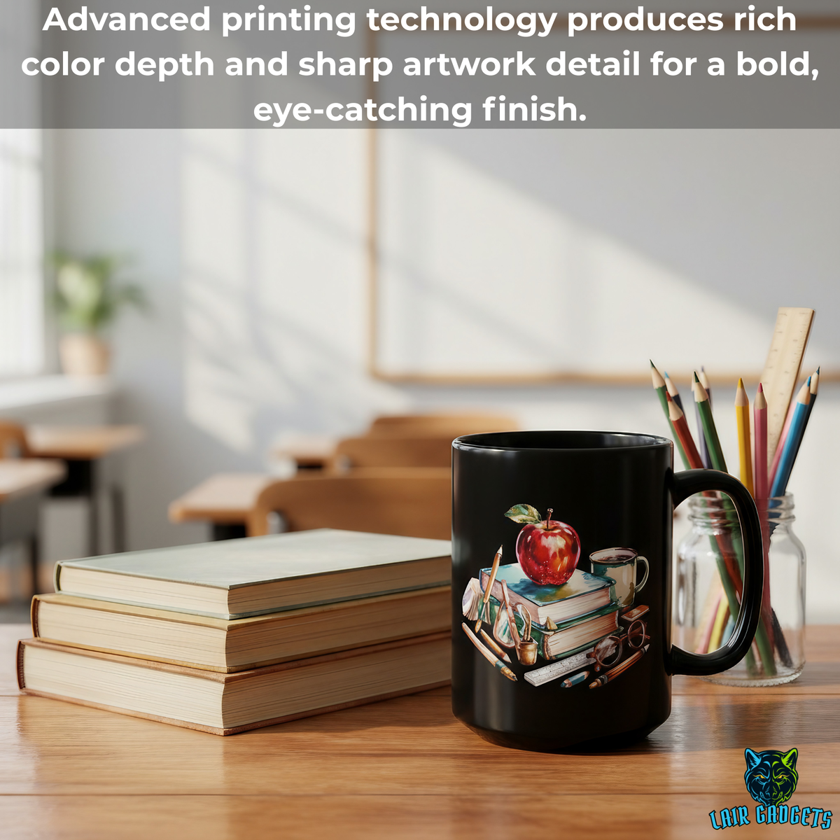 Watercolor Apple and Books Teacher Mug – 15oz Black Ceramic