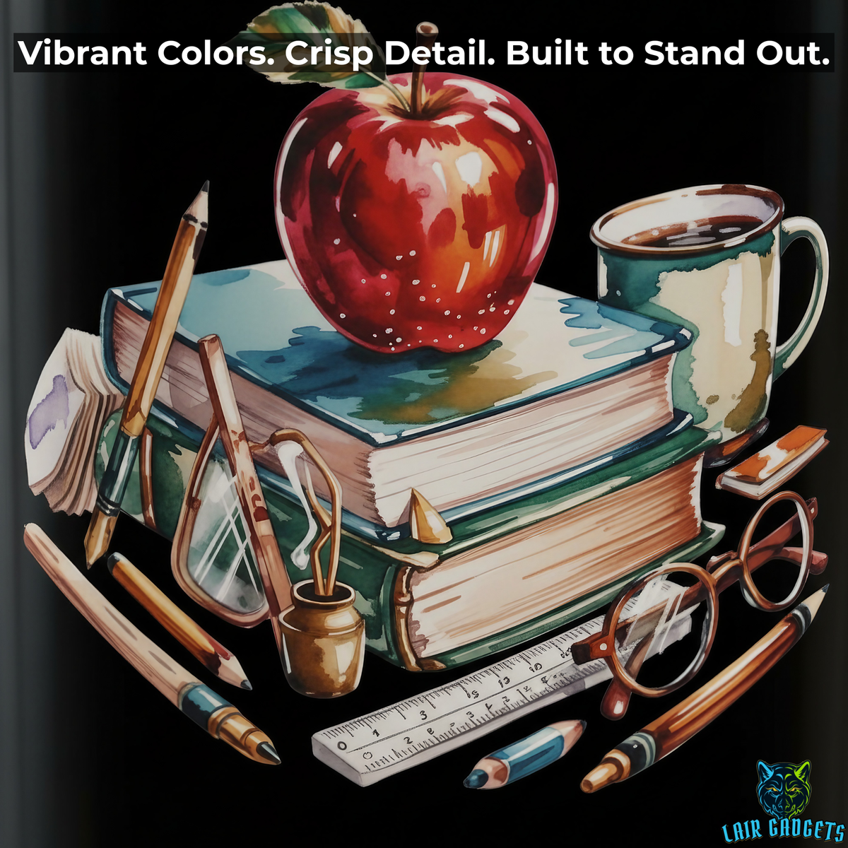 Watercolor Apple and Books Teacher Mug – 15oz Black Ceramic
