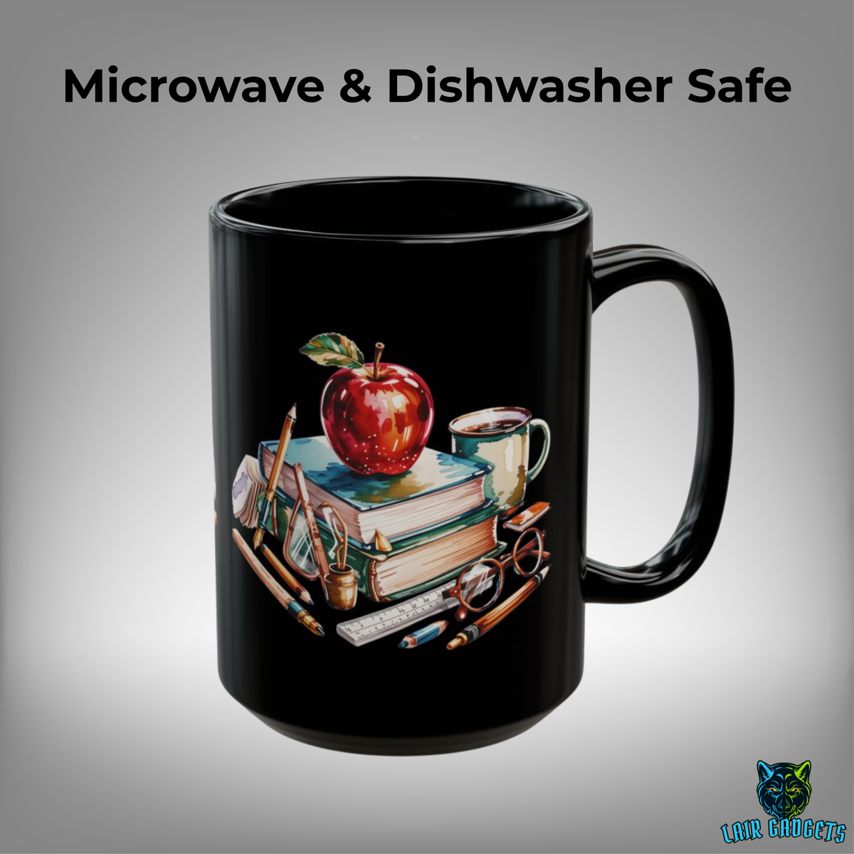 Watercolor Apple and Books Teacher Mug – 15oz Black Ceramic