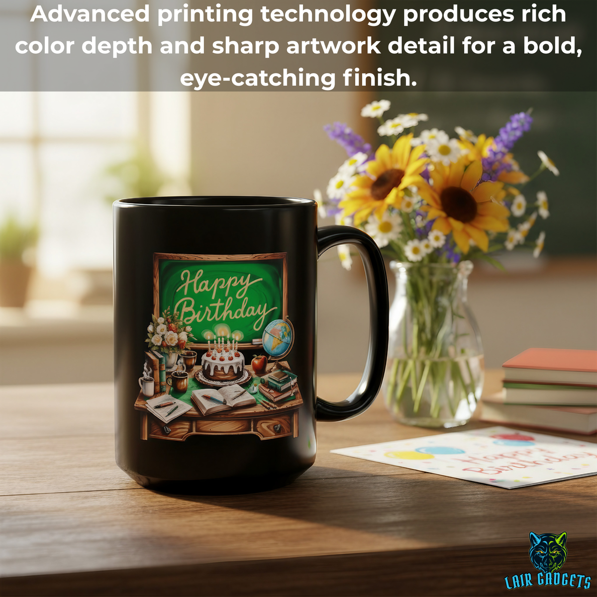 Happy Birthday Teacher Chalkboard Coffee Mug – 15oz Black Ceramic
