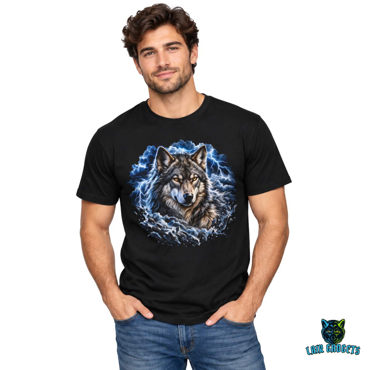 Lightning Storm Wolf T-Shirt – Unisex Black Graphic Tee