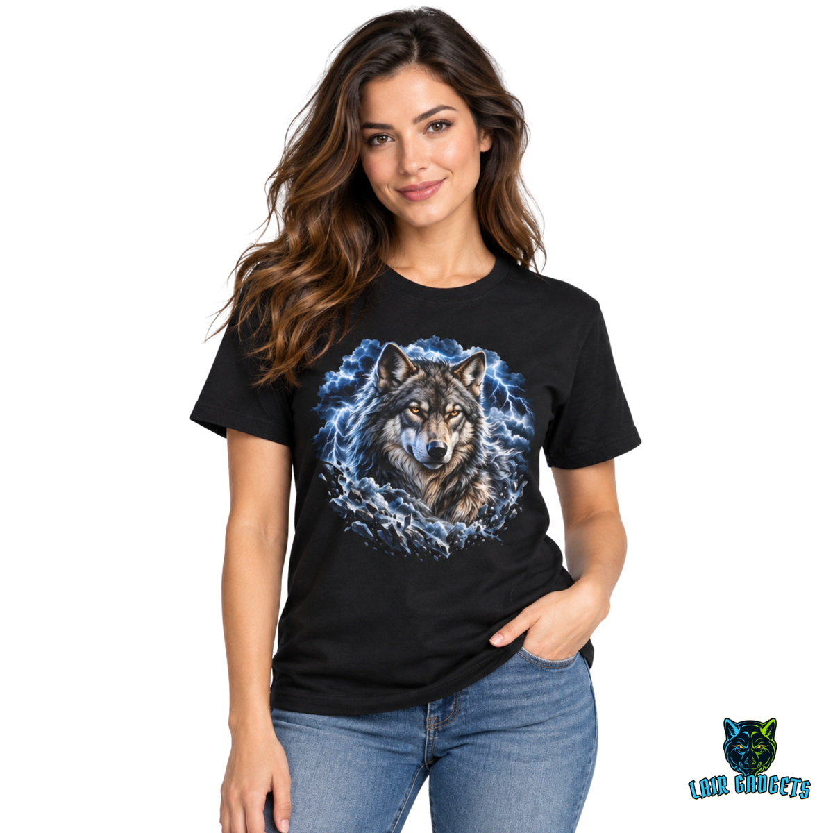 Lightning Storm Wolf T-Shirt – Unisex Black Graphic Tee